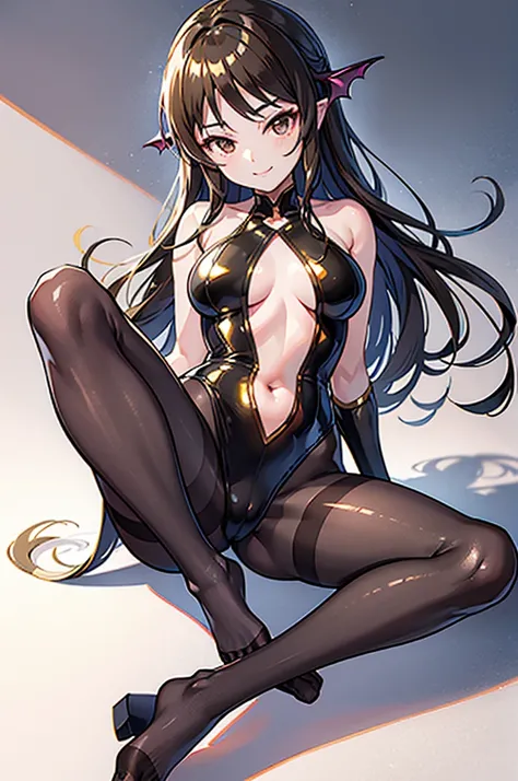 Highest quality　Highest quality　Draw a face carefully　High-definition anime-style face　Super Glowing Skin　Brown leotard　Golden pantyhose　Succubus　lure　smile　Show the soles of your feet