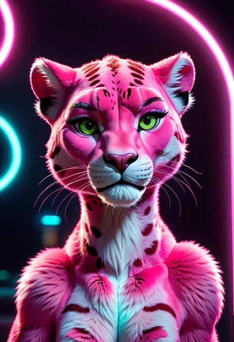 cartoon pink panther adult, with very thin, realistic and beautiful fur, with unusual, fun poses, 8k, detailed neon