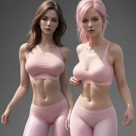 Ultra detail, high resolution, (realistic, realistic:1.4), 8k, (best quality), physical-based rendering, photorealistic photos, professional color grading, highest quality, pink bra and tight pink leggings, full body, cropped t-shirt, slim body, 25 year ol...