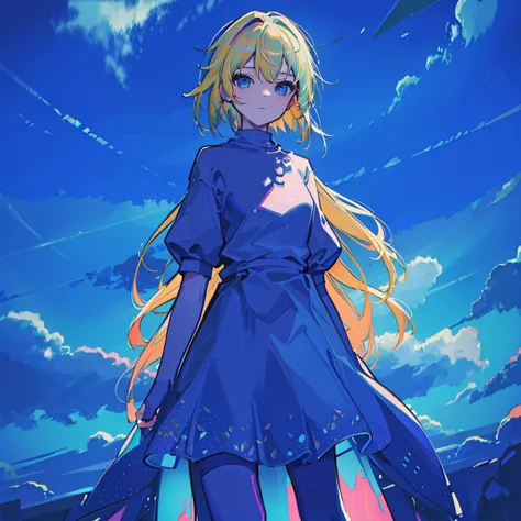 (work of art, high resolution, detailded),whole body,fancy,lsd,more colorful,colorfully,Nordic,warrior,berserker,viking,1 girl, shorth hair, blonde, , forst, Thu, light blue dress,  fild),chuva leve,cloudy sky,