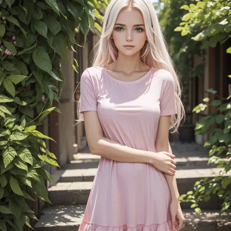 A white young European woman with fair hair in a T-shirt and jeans holds a  in a pink dress in her arms