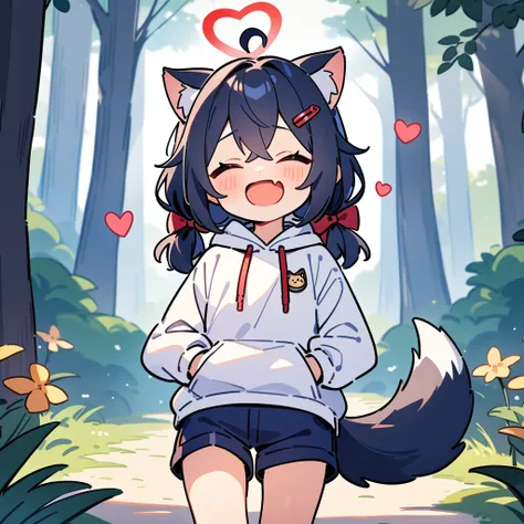 （masterpiece：1.2，high quality），8K，High resolution，A seven-year-old girl，hair，crossed bangs，low twintails，closed eyes，heart ahoge，hairclip，hair bow，cat ears，laughing，skin fang，red halo，Wearing a white hoodie，Dark blue shorts，Stand in the forest，There are fl...