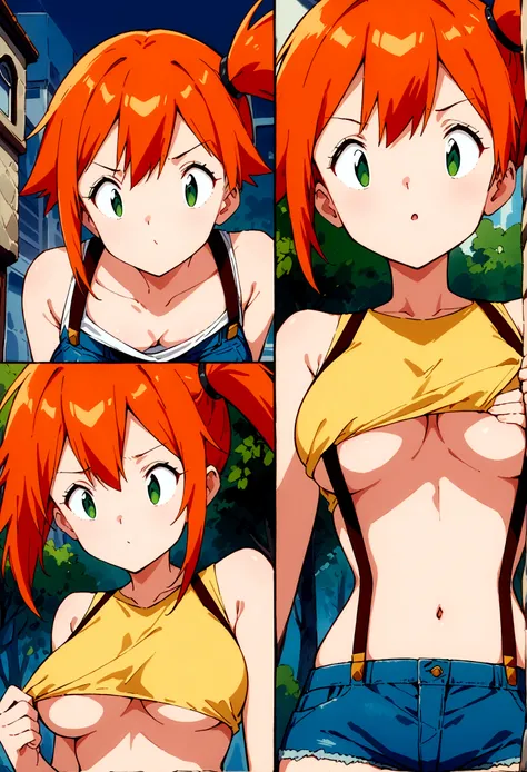 score_9,score_8, score_7_.superior,from below,macro lens. (Low angle shot), (Insects Eye).,, masterpiece,bestquality, Highest quality, (mature) , (outcome), One girl, Outdoor, Green Eyes, Orange Hair, Side Ponytail, Yellow Shirt, Sleeveless shirt,belly but...