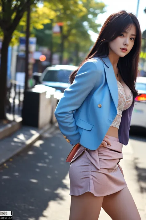 a 17 year old girl, she is the most beautiful actress in the world, the perfect body proportions of this girl, indirect bulge of her clothed large breasts, the blazer is worn on the shirt and closed on her waist, her crotch area of the panties are hardly h...