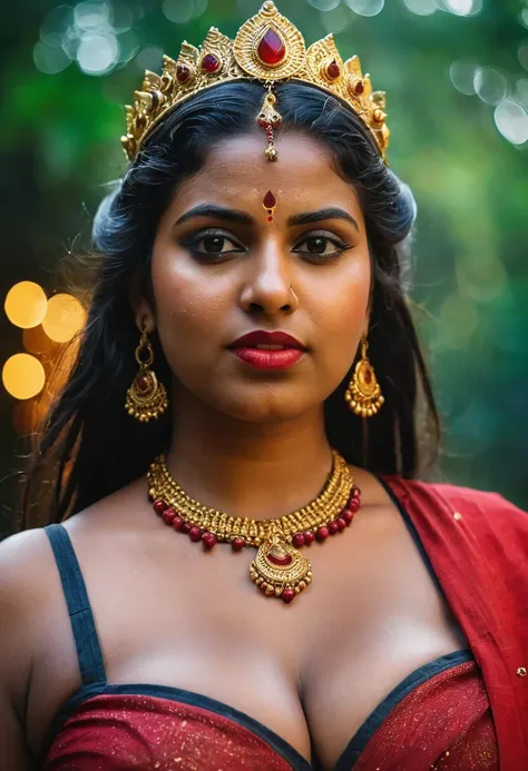 (((photo of a ancient kerala crowned temple goddess ))), (((black kali))) , (((Half Body))),   (((very dark skin))), (((age 18+))), (((plus size chubby tall))), (((huge busty milky wet big massive boobs))), (((nude thick thigh))), (((ancient black mini ski...