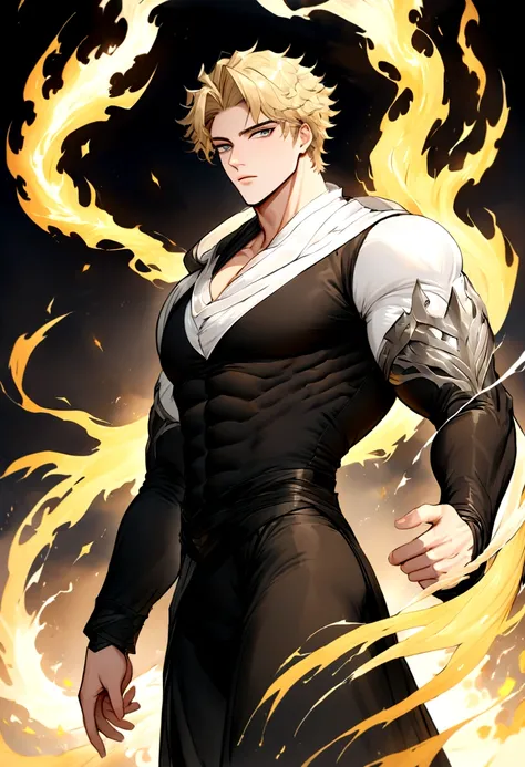 Bnha: 19-year-old boy with a muscular and robust body, grey eyes, clear and smooth skin, short wavy blonde hair, tall, handsomem, handsome, with grey energy aurond and grey energy aurond. arcanum. Sorcerer. feiticeiro. warlock.