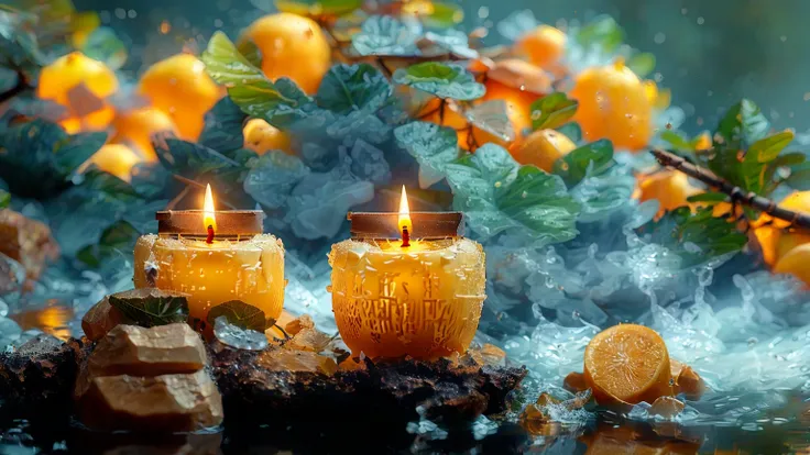 there are two candles that are sitting on a table, peaceful atmosphere, warm and beautiful scenery, beautiful atmosphere, peacef...