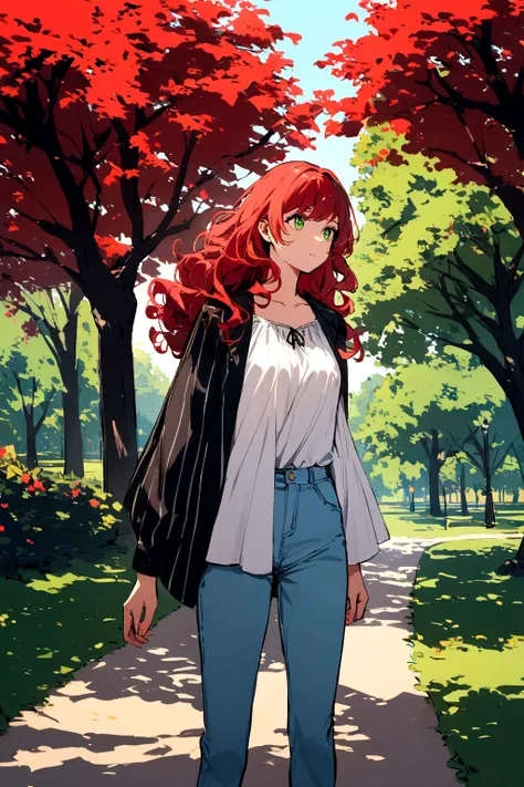 A girl standing in a white blouse with black stripes and light blue jeans, long reddish red curly hair, greeneyes, looking straight ahead, stop in a park 