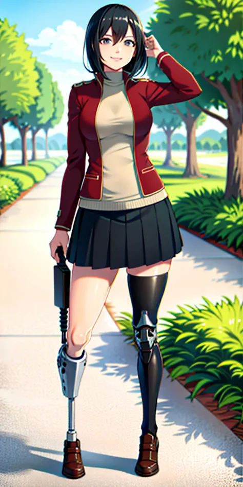 best quality, 1girl, solo, Mikasa, Mikasa Ackerman, standing, outdoors, medium hair, black hair, straight hair, looking at viewer, medium breasts,  (prosthetic leg:1.2), full body, smiling. 