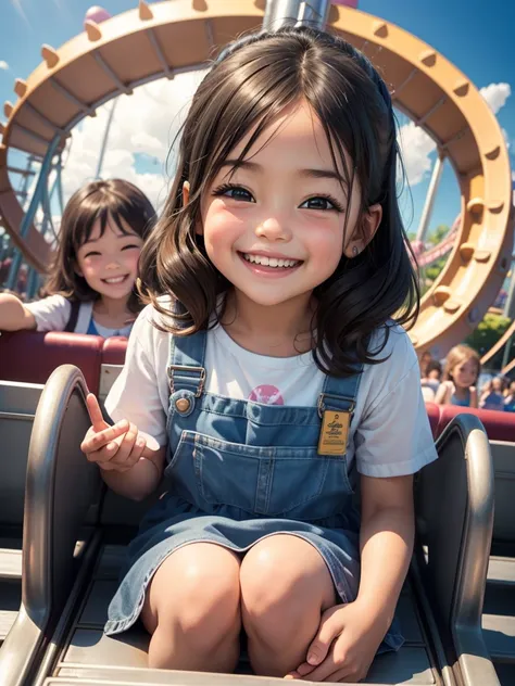 Best picture quality, adorable 5 year old girl, sitting at the front of the roller coaster with a friend and laughing hysterically, happy smile, amazingly large sparkling eyes, long eyelashes, neat , friendly and bright smile, busy amusement park in the ba...