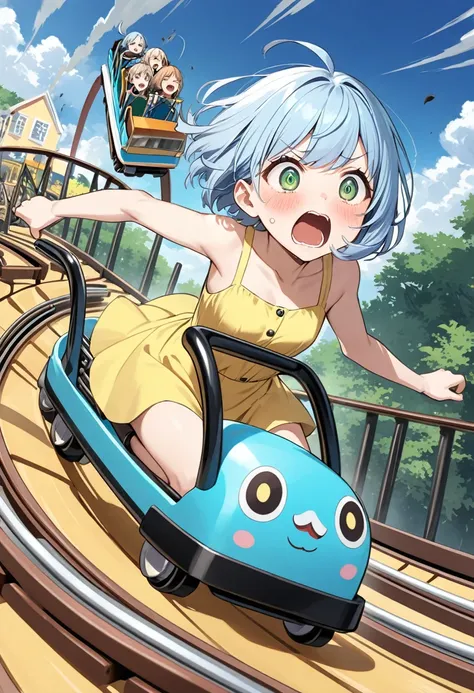 Light blue hair、Short Bob、Deep green eyes、Small breasts、25 years old,A cute yellow sleeveless dress、riding rollrer coaster,Hair fluttering in the wind、Screaming in fear