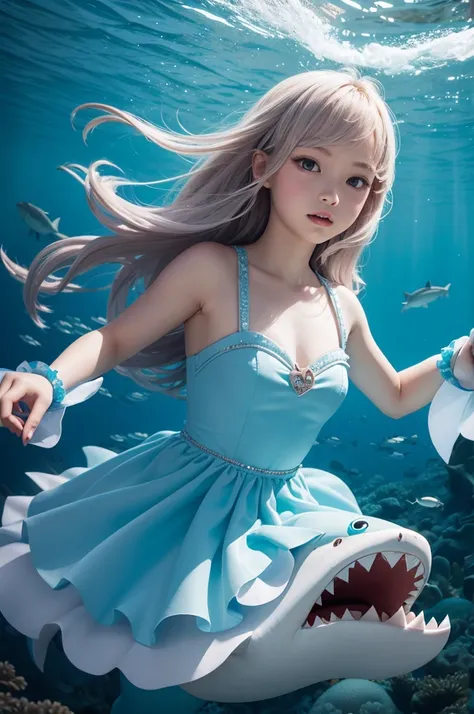 Make an empowered shark wearing a princess dress in the sea with several sharks around you