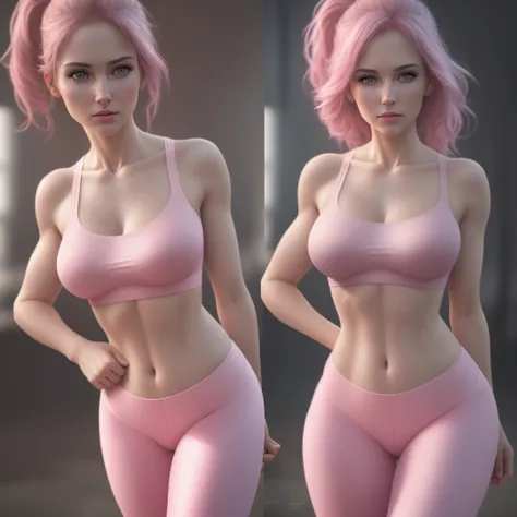 Ultra detail, high resolution, (realistic, realistic:1.4), 8k, (best quality), physical-based rendering, photorealistic photos, professional color grading, highest quality, pink bra and tight pink leggings, full body, cropped t-shirt, slim body, 25 year ol...