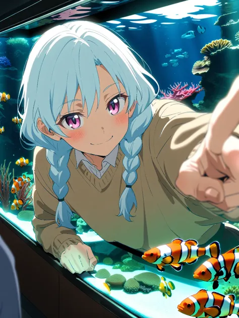 {{upper body}} {{Artist: sincos}} 1boy, mature male, light blue hair, long hair, braided hair, pink eyes, androgynous, sweater, skirt, indoors, aquarium, standing, pointing at tank full of clownfish, leaning into tank, smile, pov