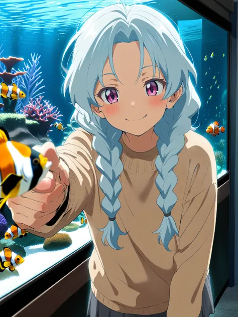 {{upper body}} {{Artist: sincos}} 1boy, mature male, light blue hair, long hair, braided hair, pink eyes, androgynous, sweater, skirt, indoors, aquarium, standing, pointing at tank full of clownfish, leaning into tank, smile, pov