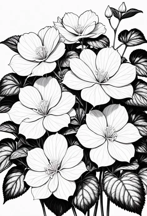 thin line drawing without shading and without black areas, begonia drawing, On white background, monochrome, black andwhite, no shadows, white background, clear leaves, white sheets, light white leaves