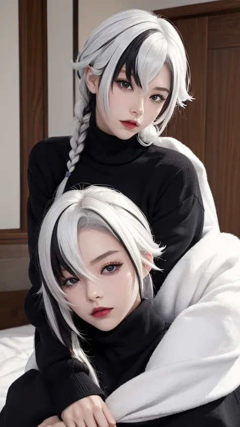 Realism、Blatant、17-year-old girl、Wear a black turtleneck sweater，Face enhancement，Big breasts zoom，Emphasize cleavage，Super huge ，Looking from the bottom up，White hair，Black Hair，Colorful Hair，short hair，Straight Hair，white long braid，Glowing red eyes，Red ...