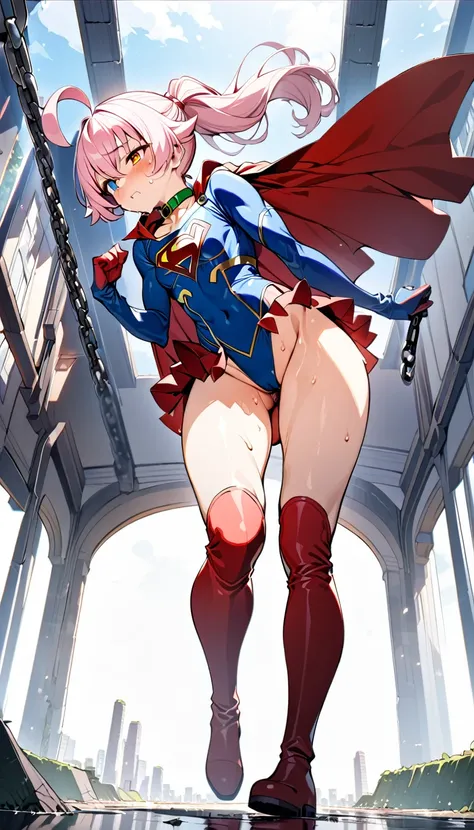 (full body), (masterpiece:1.2), (Highest_quality:1.2), (Ultra_detailed:1.3), 8K, Low - Angle，From below， 1 Girl，alone，大きなButtの女の子, red knee high long boots，wearing spcc costume with cape，( Supergirl), Blue leotard，Red mini skirt，Red Cape，gloves，hoshino-pon...