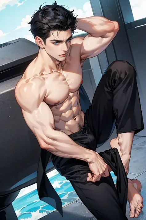 Black-haired Chico, Blue eyes, muscular, hot and sexy sweaty body, shirtless, wearing black pants, barefoot 