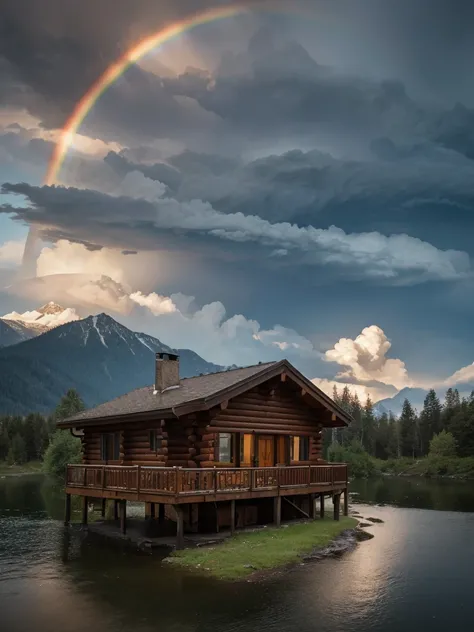 there is a small cabin with a pool in the middle of the yard, log cabin beneath the alps, very close to real nature, peaceful wooden mansion, luxurious wooden cottage, lake house, integrated in the mountains, soothing and cozy landscape, by Alexander Bogen...