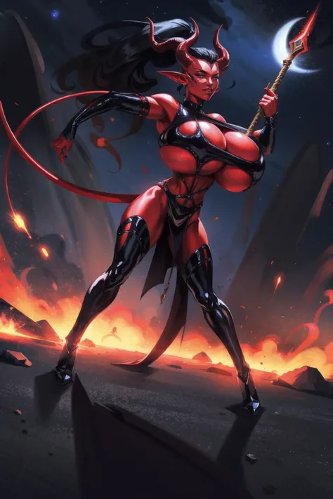 Red skin succubus tiefling, large breasts, black horns, wings, huge tail, black leather, crop top, long flowing pelvic curtain, tall, toned, graceful, thin, long black ponytail. Action scene, whip. Dark scene, explosions, night sky.