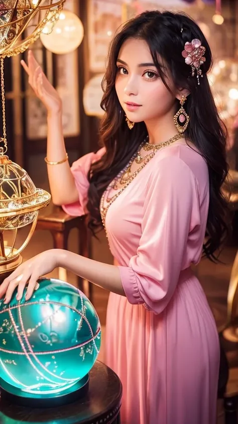 Beautiful gypsy woman tarot card fortune teller、young woman、Looking at me through a shiny crystal ball the size of a basketball、Cute pink outfit、looking at the camera、The background is a fortune-telling parlor、Held with both hands