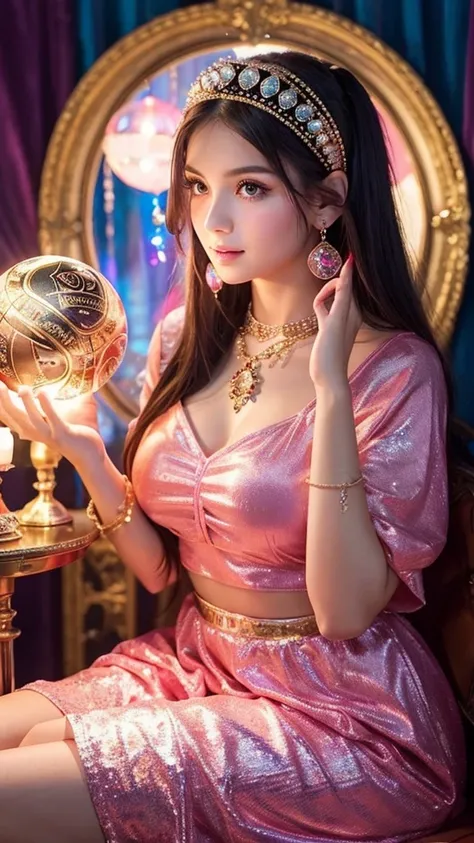 Beautiful gypsy woman tarot card fortune teller、young woman、Looking at me through a shiny crystal ball the size of a basketball、Cute pink outfit、looking at the camera、The background is a fortune-telling parlor、Held with both hands