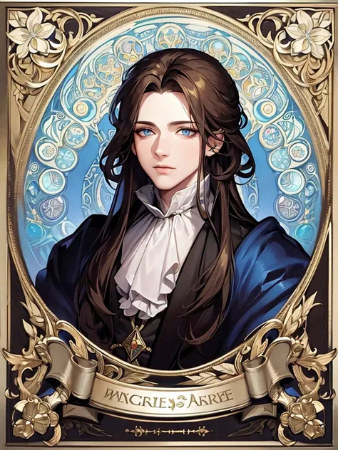 Portrait of Christopher Marlowe, extremely detailed face, white skin, piercing icy blue eyes, silky golden-brown hair, refined features, charp jawline, clean shaved, black Elizabethan velvet jerkin, white laced shirt, Art Nouveau style, Mucha style, Mucha ...