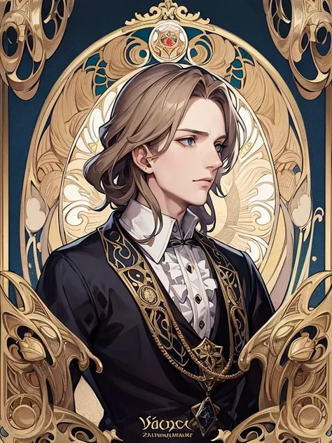 Portrait of Christopher Marlowe, extremely detailed face, white skin, piercing icy blue eyes, silky golden-brown hair, refined features, charp jawline, clean shaved, black Elizabethan velvet jerkin, white laced shirt, Art Nouveau style, Mucha style, Mucha ...