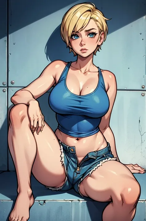 Young female, short blonde hair, big blue eyes, rosy cheeks, wearing a tight blue tank top, with a breasted neckline, with her belly exposed, wearing short denim shorts with an open zipper Crouching