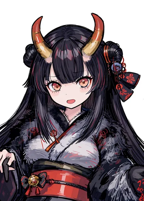 1girl, Japanese oni, fur horns, kimono, giant mallet, actiz, noble, elegant, nice clothes, (high resolution, high detail, best quality), 
black background, happy, open mouth, cute