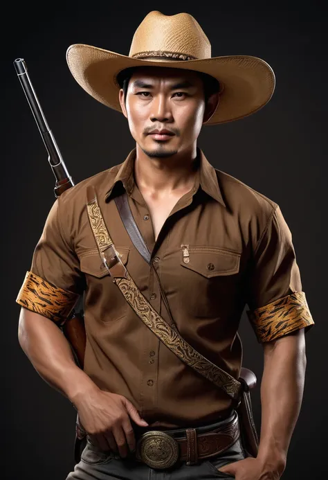 "Create a realistic image of a Thai man with strong, serious features, wearing a brown shirt and a wide-brimmed cowboy hat Tiger skin band is a strap around the hat. He is holding a long rifle with a firm grip. The background should be natural and somewhat...