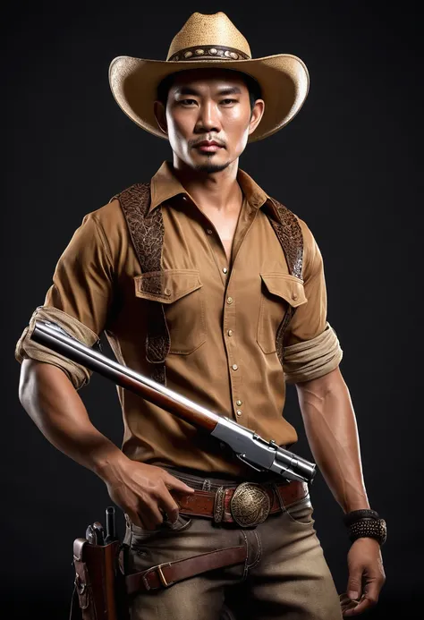 "Create a realistic image of a Thai man with strong, serious features, wearing a brown shirt and a wide-brimmed cowboy hat Tiger skin band is a strap around the hat. He is holding a long rifle with a firm grip. The background should be natural and somewhat...