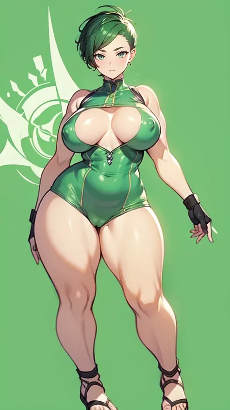 (masterpiece), best quality, female warrior, huge girl, female muscular:1.2, ((very short hair:1.6)), green hair, big breast, (curvy:1.7), (((blank background))), ((full body)), fingerless gloves, sandals, sleeveless, covered nipples, tshirt top, shaved ha...