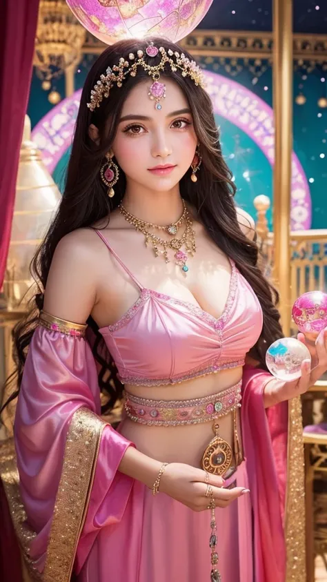 Beautiful gypsy woman tarot card fortune teller、young woman、Holding a very large, shiny crystal ball in both hands、Facing forward、Cute pink outfit、looking at the camera、The background is a fortune-telling parlor、