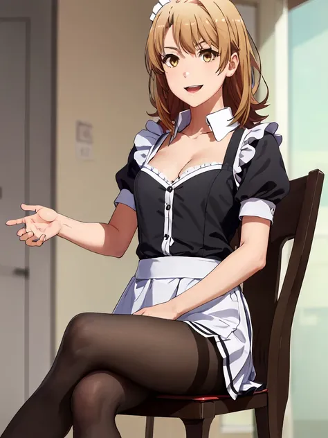 irohaisshiki, iroha isshiki, long hair, brown hair, (brown eyes:1.5), 
BREAK (Maid clothes,she was wearing a miniskirt, black pantyhose:1.2), 
BREAK He opened the collar of his shirt to show his cleavage...,smile, smile, open your mouth,smile, sitting cros...