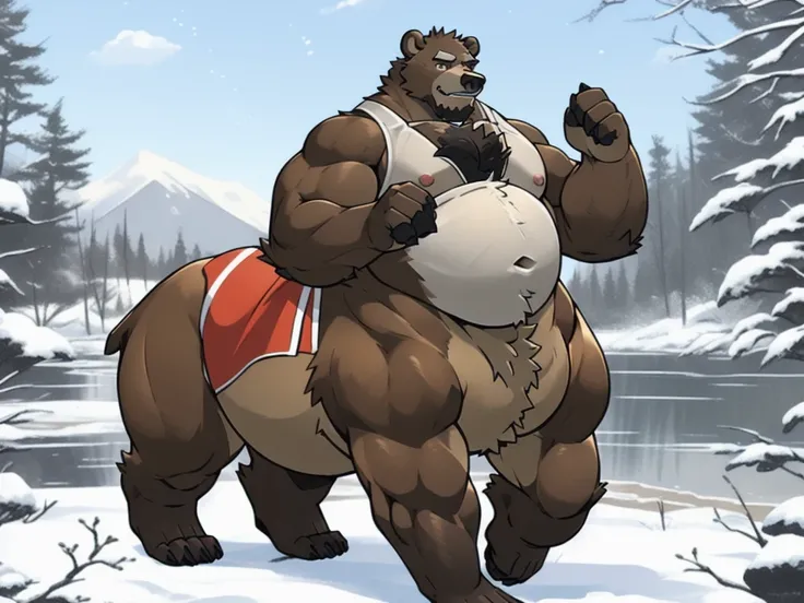 furry, fur taur, beartaur, middle-aged, 1man,  solo, rainbow in tanktop, hairy, arm_hair, leg_hair, short_hair, old, old_man, pectorals, large_pectorals, detailed face, bear ears, bear eyes(brown), bear nose(black), bear mouth, garibaldi beard(grey), matur...