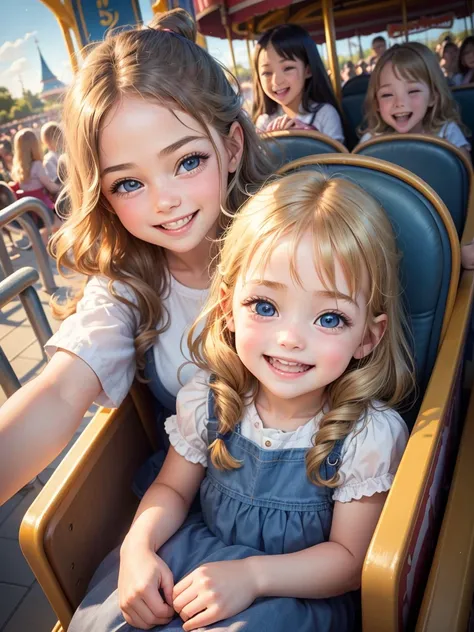 Best picture quality, detailed eyes, long eyelashes, best picture quality, adorable 5 year old girl, sitting at the front of the roller coaster with her friend, laughing hysterically, happy smile, amazingly large sparkling eyes, long eyelashes, long golden...