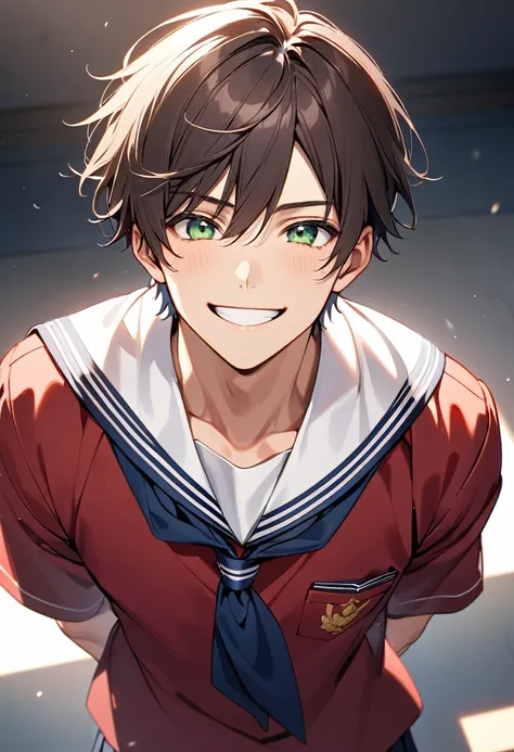 8K, Strong male model, dark brown short hair, greeneyes, outgoing, navy blue white and red school uniform, cheerful grin