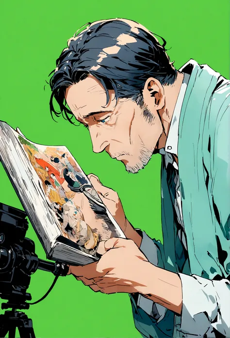 a man in his 50s dressed in blue reading a book , facing forward, ((Green Screen background)), Green background, manga illustration, beautifully illustrated, detailed manga illustration, best qualityer，8K， masterpiece, high resolution,