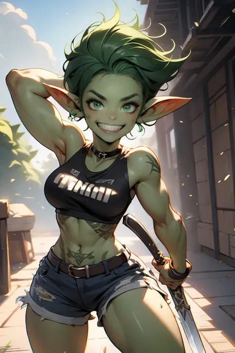 4k, extremely muscular goblin tomboy, brash, confident, light green skin, pointy ears, big grin, green eyes, short length messy ...