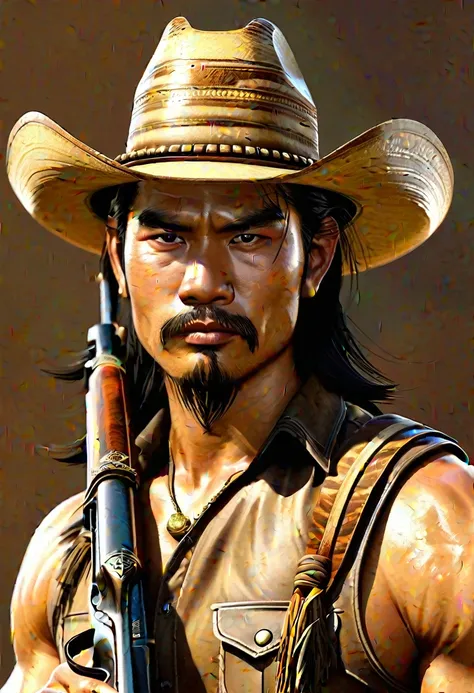 "Create a realistic image of a Thai man with strong, serious features, wearing a brown shirt and a wide-brimmed cowboy hat Tiger skin band is a strap around the hat. He is holding a long rifle with a firm grip. The background should be natural and somewhat...