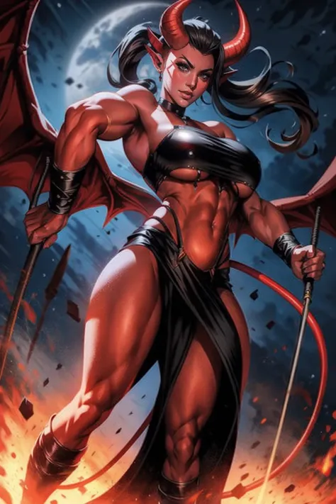 Red skin succubus tiefling, medium breasts, black horns, wings, huge tail, black leather, crop top, long flowing pelvic curtain, tall, toned, graceful, thin, long black ponytail. Action scene, whip. Dark scene, explosions, night sky.