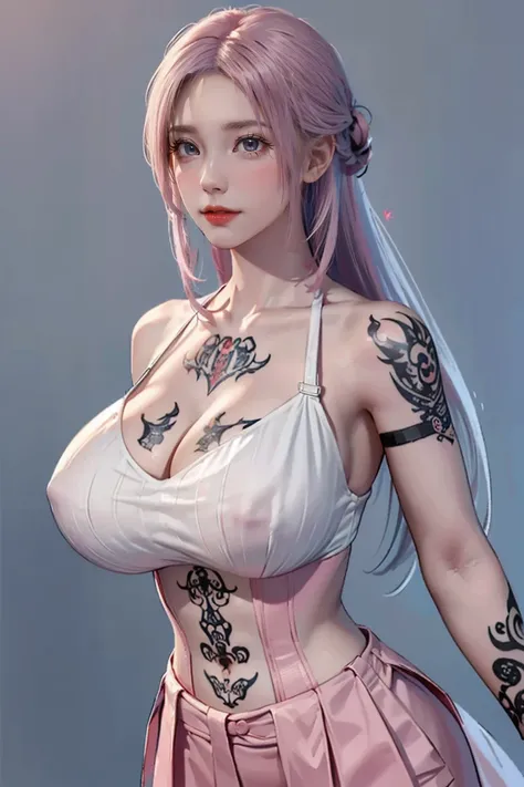 (Chest puffing pose),(Random Hairstyles),(Best image quality,(8K),Ultra-realistic,最high quality, high quality, High resolution, high quality,Attention to detail, White-pink hair, blue eyes, Red dress,(((Tight waist))), ((Big Breasts)),(See-through),(((He h...