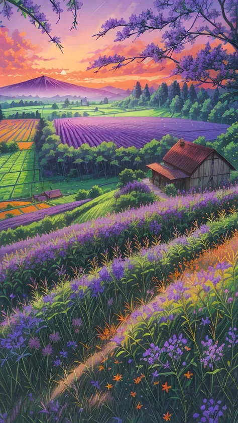 Farm land scenery filled with purple wild flowers, green trees and beautiful orange sky and bungalow with blue roof