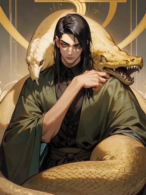 A young man in his twenties, with shoulder-length black hair that covers his right eye. His pupils are a snake-like gold, his eyebrows are long and thin, the corners of his eyes are slightly upturned, his skin is fair, and he looks handsome, but he always ...