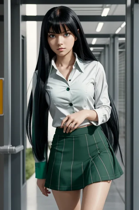 Screenshot of boku no hero academia, beautiful girl with long black hair with red bangs,black and blue eyes, with a white blouse with a gray blazer and some green lines and a dark green skirt