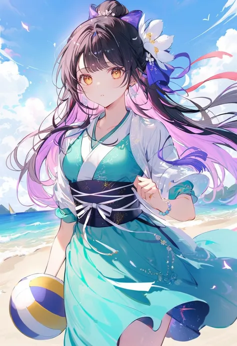 a beautiful girl in a hanfu dress, playing beach volleyball,