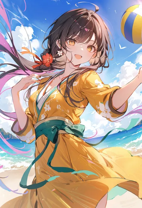 a beautiful girl in a hanfu dress, playing beach volleyball,