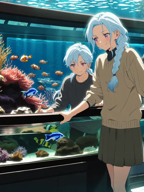 {{upper body}} {{Artist: sincos}} 1boy, mature male, light blue hair, long hair, braided hair, pink eyes, androgynous, sweater, skirt, indoors, aquarium, standing, pointing at tank full of clownfish, leaning towards tank, smile